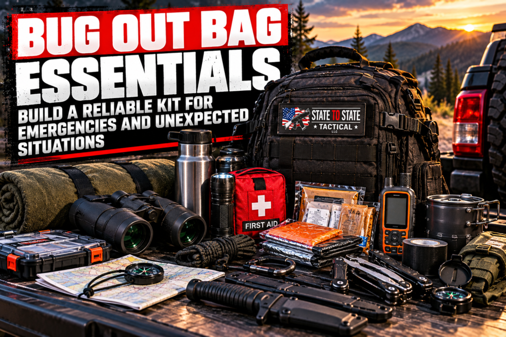 STS Tactical bug out bag with emergency first aid kit, water, flashlight, map, radio, blankets and preparedness equipment