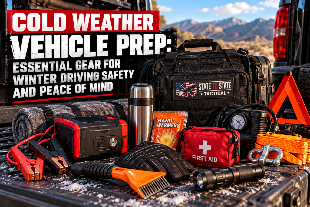 Cold weather vehicle preparedness gear including first aid kit, flashlight, jump starter, blanket, gloves and roadside equipment