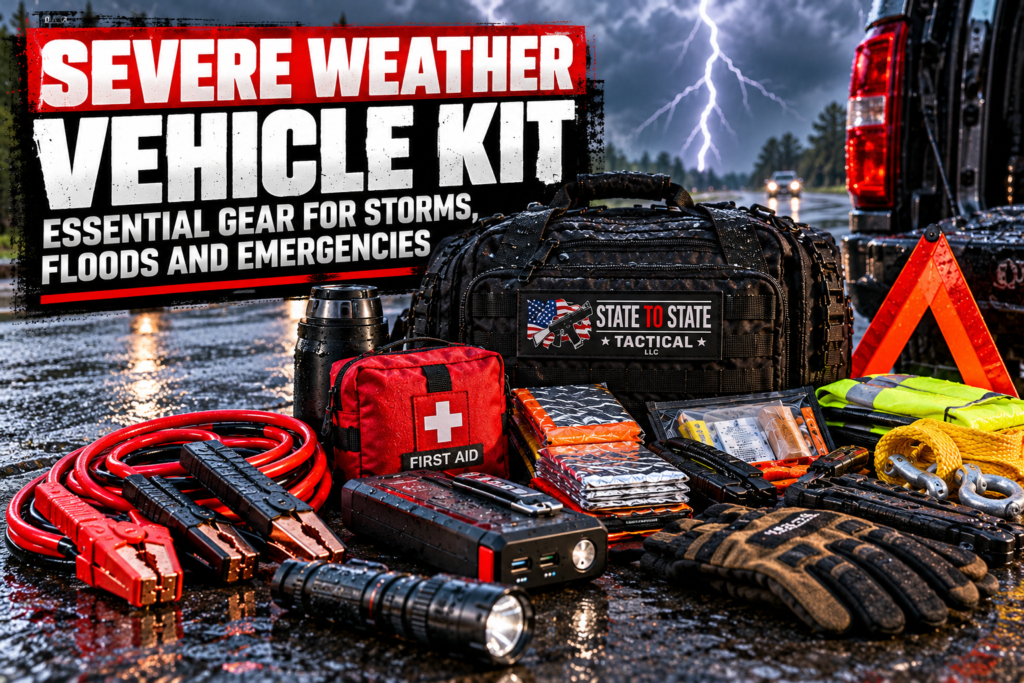 Severe weather vehicle kit with tactical bag, first aid supplies, flashlight, jump starter, warning triangle, rain gear and roadside equipment